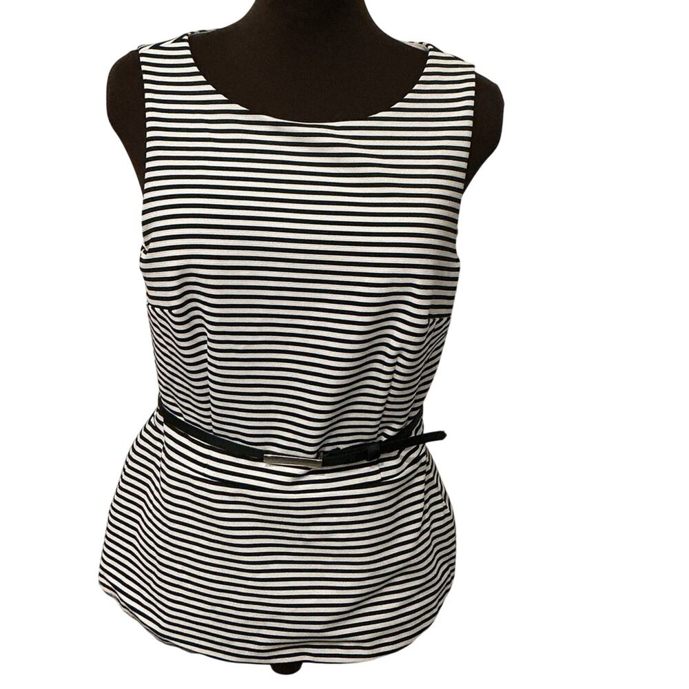 White House Black Market Black White Striped Belted Sleeveless Top Size 10 Work